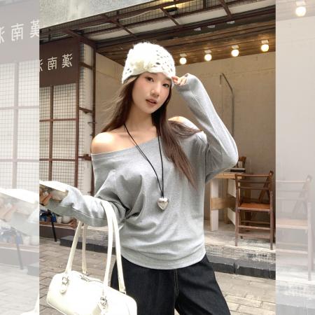 FA38521# 【莫代尔人棉】斜肩长袖t恤女秋新款纯欲风宽松显瘦露肩打底衫 服裝批發女裝批發服飾貨源