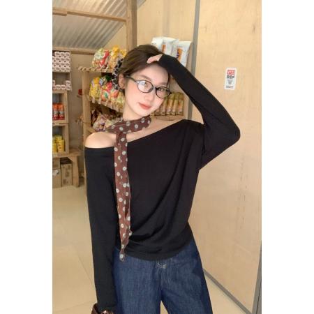 FA38521# 【莫代尔人棉】斜肩长袖t恤女秋新款纯欲风宽松显瘦露肩打底衫 服裝批發女裝批發服飾貨源