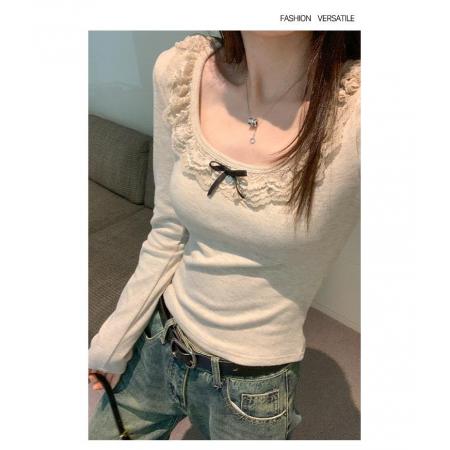 FA38523# 【绵羊绒】甜美辣妹蕾丝花边长袖T恤早秋新款 服裝批發女裝批發服飾貨源