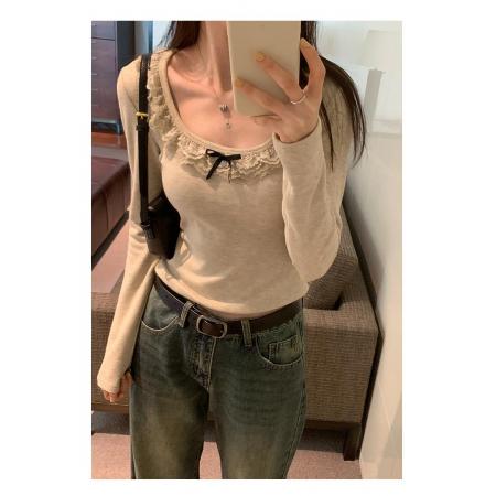 FA38523# 【绵羊绒】甜美辣妹蕾丝花边长袖T恤早秋新款 服裝批發女裝批發服飾貨源