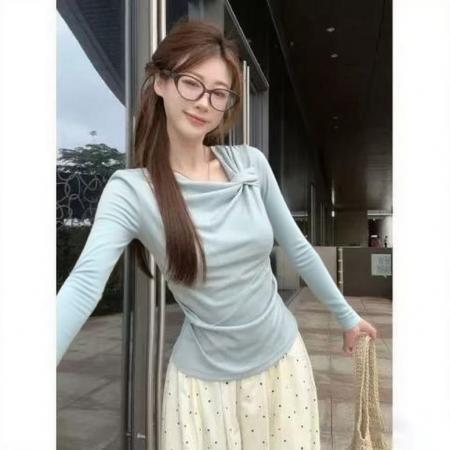 【莫代尔人棉】斜领扭结短袖T恤女夏季新款宽松百搭打底衫 服裝批發女裝批發服飾貨源