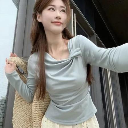 FA38524# 【莫代尔人棉】斜领扭结短袖T恤女夏季新款宽松百搭打底衫 服裝批發女裝批發服飾貨源