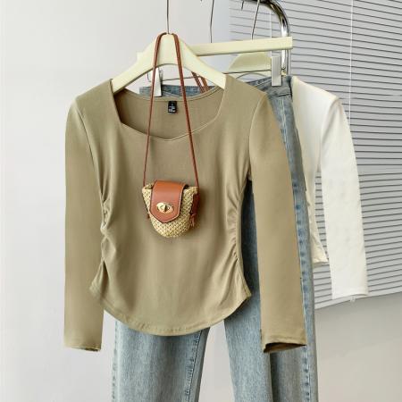 FA38525# 【棉】纯欲辣妹桃心领正肩长袖t恤女装收腰短款上衣 服裝批發女裝批發服飾貨源