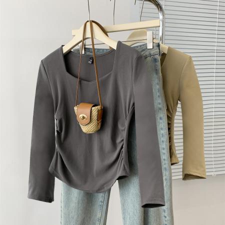 FA38525# 【棉】纯欲辣妹桃心领正肩长袖t恤女装收腰短款上衣 服裝批發女裝批發服飾貨源