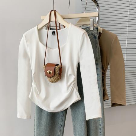 FA38525# 【棉】纯欲辣妹桃心领正肩长袖t恤女装收腰短款上衣 服裝批發女裝批發服飾貨源