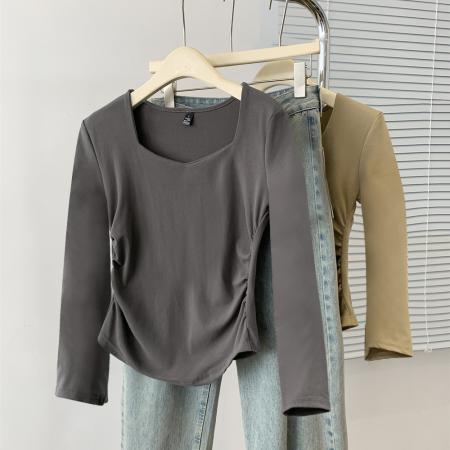 FA38525# 【棉】纯欲辣妹桃心领正肩长袖t恤女装收腰短款上衣 服裝批發女裝批發服飾貨源