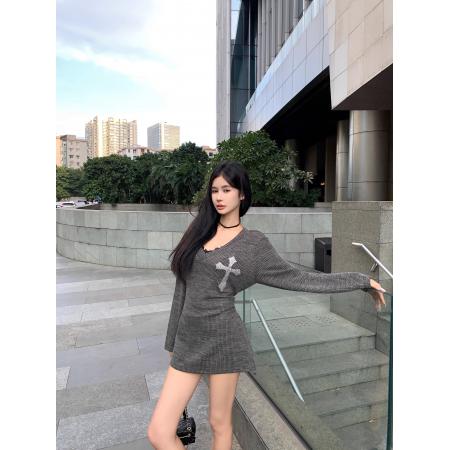 FA38526# 美式甜辣妹烫钻长袖连衣裙女秋季新款设计感收腰显瘦短裙 服裝批發女裝批發服飾貨源