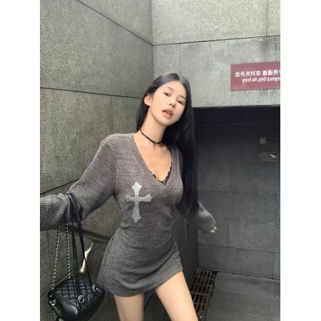 FA38526# 美式甜辣妹烫钻长袖连衣裙女秋季新款设计感收腰显瘦短裙 服裝批發女裝批發服飾貨源