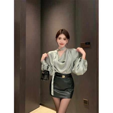 飘带荡领长袖衬衫女春秋新款宽松小众衬衣高级感轻熟韩系上衣 服裝批發女裝批發服飾貨源