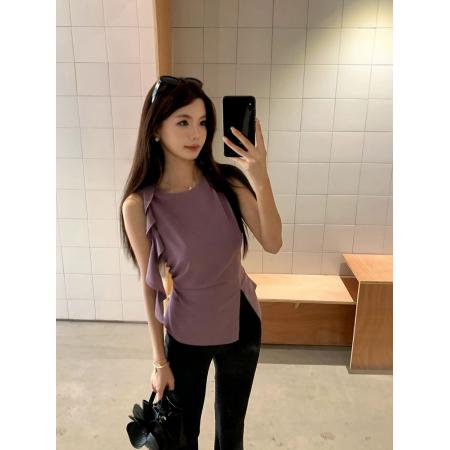FA38528# 新款小个子韩系气质斜边开叉显瘦背心夏季女不规则圆领无袖上衣 服裝批發女裝批發服飾貨源