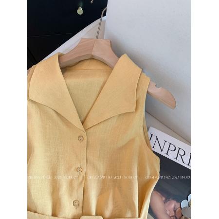 FA38529# 黄色翻领收腰带高端时尚无袖衬衫女夏季新款休闲韩系简约马甲 服裝批發女裝批發服飾貨源