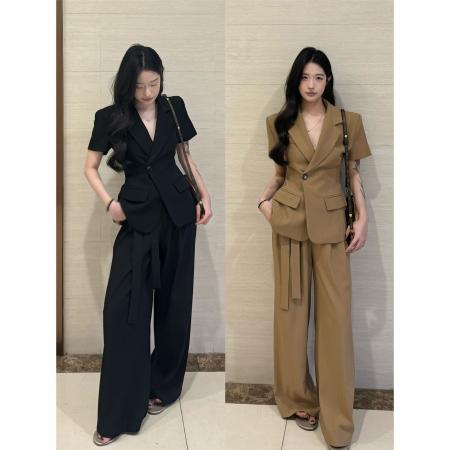 夏季新款【麻辣女教】韩系通勤女主同款西服套装中长款阔腿裤 服裝批發女裝批發服飾貨源