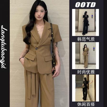 FA38532# 夏季新款【麻辣女教】韩系通勤女主同款西服套装中长款阔腿裤 服裝批發女裝批發服飾貨源