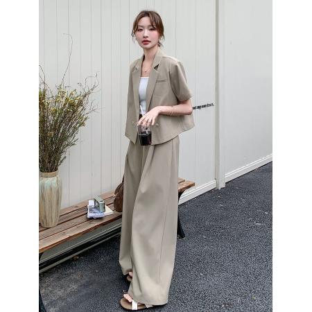酷飒拽姐短袖西装套装女夏季高级感气质小西服高腰阔腿裤两件套 服裝批發女裝批發服飾貨源