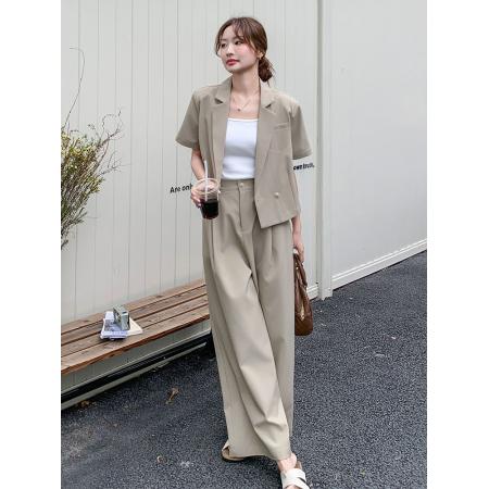 FA38533# 酷飒拽姐短袖西装套装女夏季高级感气质小西服高腰阔腿裤两件套 服裝批發女裝批發服飾貨源
