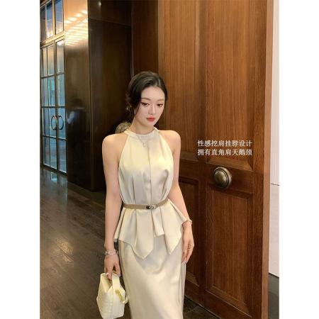 2025新款无袖挂脖背心上衣套装裙女夏季法式高级感气质长裙连身裙 服裝批發女裝批發服飾貨源