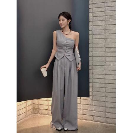 韩国chic夏季法式高级感斜领露肩马甲上衣+高腰压褶西裤休闲长裤 服裝批發女裝批發服飾貨源