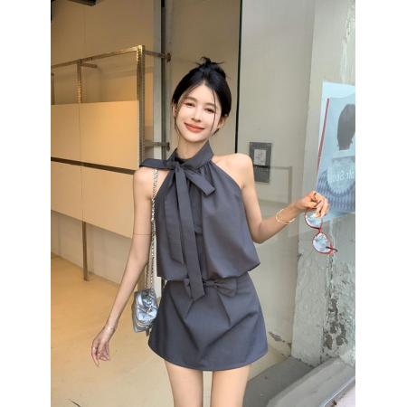 FA38538# 设计感蝴蝶结挂脖收褶短款背心上衣女夏季高腰a字半身短裙套装 服裝批發女裝批發服飾貨源
