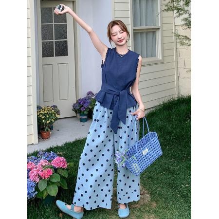 FA38539# 气质复古松弛感背心套装女夏季新款无袖上衣波点阔腿裤两件套 服裝批發女裝批發服飾貨源