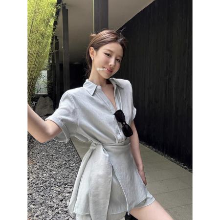 新款时尚套装气质翻领绑带短袖衬衫女夏季显瘦休闲短裤两件套 服裝批發女裝批發服飾貨源