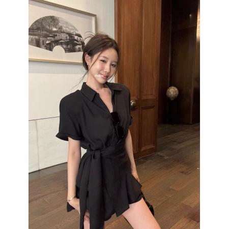 FA38540# 新款时尚套装气质翻领绑带短袖衬衫女夏季显瘦休闲短裤两件套 服裝批發女裝批發服飾貨源