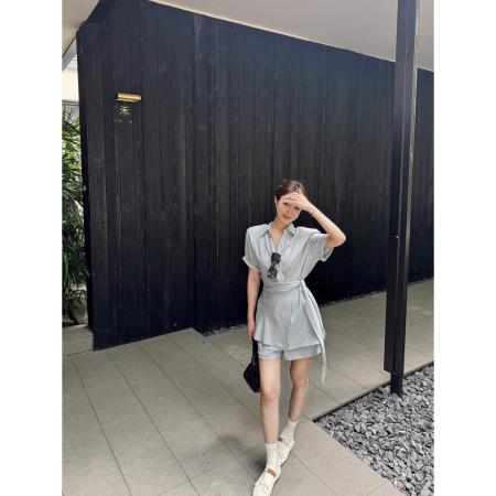 FA38540# 新款时尚套装气质翻领绑带短袖衬衫女夏季显瘦休闲短裤两件套 服裝批發女裝批發服飾貨源