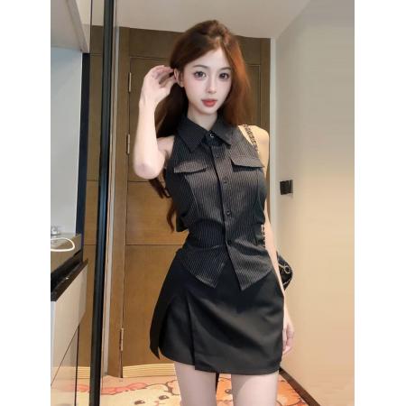 法式黑色挂脖上衣女夏季休闲时尚新款收腰显瘦翻领无袖上衣 服裝批發女裝批發服飾貨源