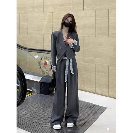 西装套装女春季新款蕾丝飘带翻袖西装外套+直筒裤气质四件套 服裝批發女裝批發服飾貨源