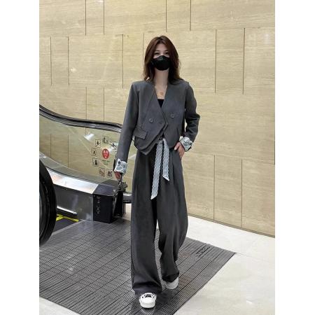 FA38545# 西装套装女春季新款蕾丝飘带翻袖西装外套+直筒裤气质四件套 服裝批發女裝批發服飾貨源