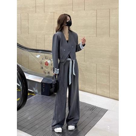 FA38545# 西装套装女春季新款蕾丝飘带翻袖西装外套+直筒裤气质四件套 服裝批發女裝批發服飾貨源