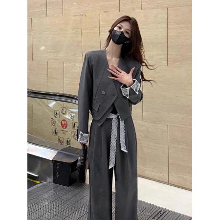 FA38545# 西装套装女春季新款蕾丝飘带翻袖西装外套+直筒裤气质四件套 服裝批發女裝批發服飾貨源