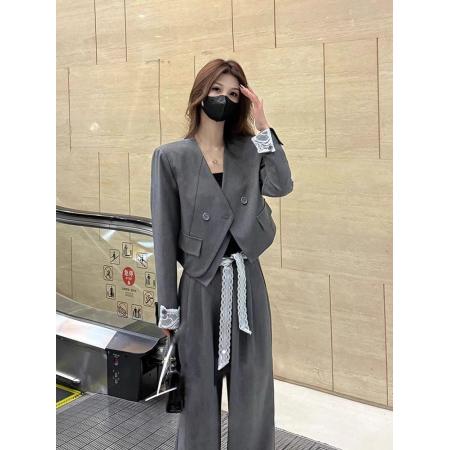 FA38545# 西装套装女春季新款蕾丝飘带翻袖西装外套+直筒裤气质四件套 服裝批發女裝批發服飾貨源