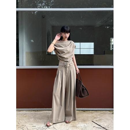 杏色不规则抹胸阔腿裤套装女时尚设计感上衣气质西装长裤两件套 服裝批發女裝批發服飾貨源