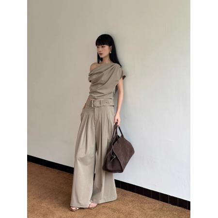杏色不规则抹胸阔腿裤套装女时尚设计感上衣气质西装长裤两件套 服裝批發女裝批發服飾貨源