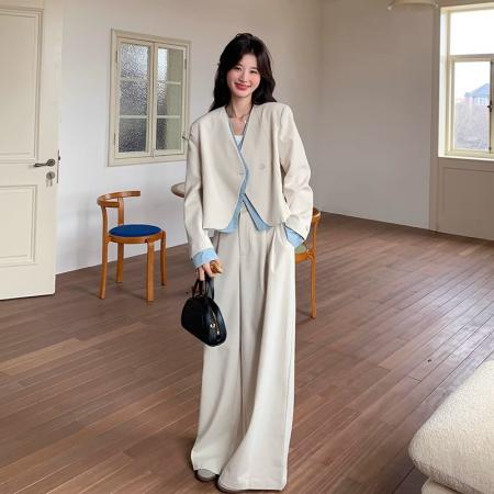 假两件西装阔腿裤套装女春秋两件套韩系休闲百搭ootd穿搭 服裝批發女裝批發服飾貨源