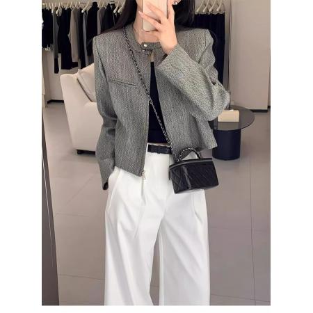FA38549# 灰色短款小香风外套女春秋季时尚新款超好看又a又飒夹克女 服裝批發女裝批發服飾貨源
