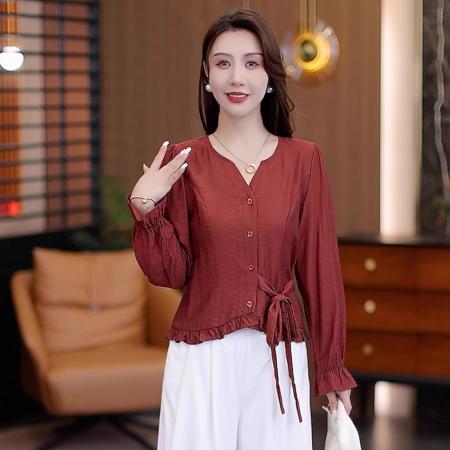 FA38554# 时尚气质V领衬衫女秋季新款显瘦洋气斜扣系带长袖百搭上衣潮 服裝批發女裝批發服飾貨源