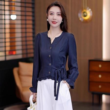 FA38554# 时尚气质V领衬衫女秋季新款显瘦洋气斜扣系带长袖百搭上衣潮 服裝批發女裝批發服飾貨源