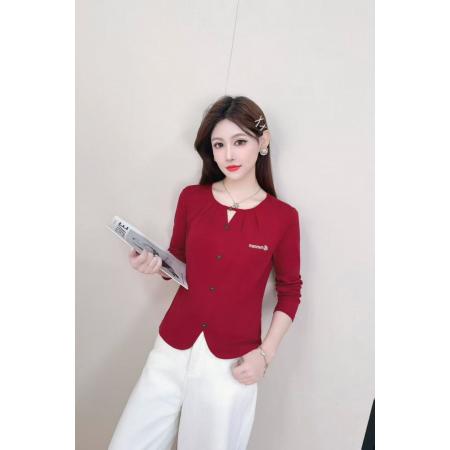 FA38555# 气质优雅女人味长袖T恤女秋季新款时尚修身显瘦圆领小香风打底衫 服裝批發女裝批發服飾貨源