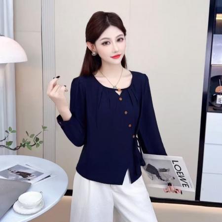 FA38556# 不规则长袖衬衫女秋季新款洋气小衫减龄时尚收腰短款女士上衣 服裝批發女裝批發服飾貨源