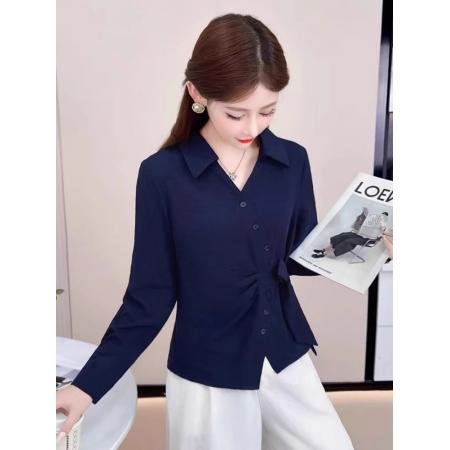 FA38559# 小个子时尚长袖衬衫女秋季新款洋气收腰显瘦纯色扣子系带上衣 服裝批發女裝批發服飾貨源