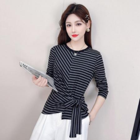 FA38560# 时尚休闲条纹T恤女秋季薄款显瘦减龄洋气简约不规则长袖上衣 服裝批發女裝批發服飾貨源