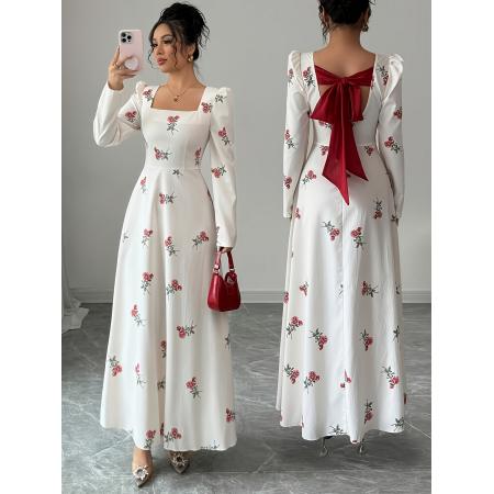 FA38565# 外贸女士花朵印花修身撞色面料拼接长款连衣裙 服裝批發女裝批發服飾貨源