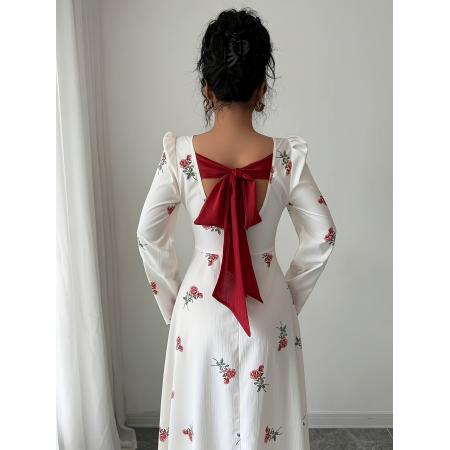 FA38565# 外贸女士花朵印花修身撞色面料拼接长款连衣裙 服裝批發女裝批發服飾貨源