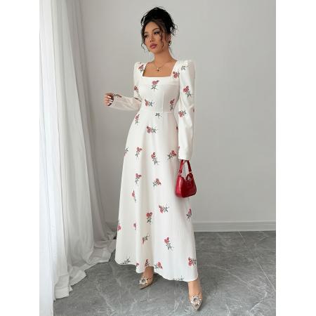 FA38565# 外贸女士花朵印花修身撞色面料拼接长款连衣裙 服裝批發女裝批發服飾貨源