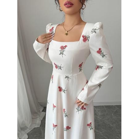 FA38565# 外贸女士花朵印花修身撞色面料拼接长款连衣裙 服裝批發女裝批發服飾貨源