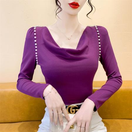 FA38568# 新款秋季高级感小众荡领订珠修身打底衫显瘦T恤上衣女 服裝批發女裝批發服飾貨源