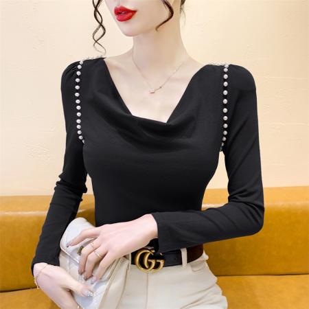FA38568# 新款秋季高级感小众荡领订珠修身打底衫显瘦T恤上衣女 服裝批發女裝批發服飾貨源