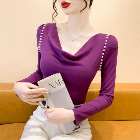 FA38568# 新款秋季高级感小众荡领订珠修身打底衫显瘦T恤上衣女 服裝批發女裝批發服飾貨源