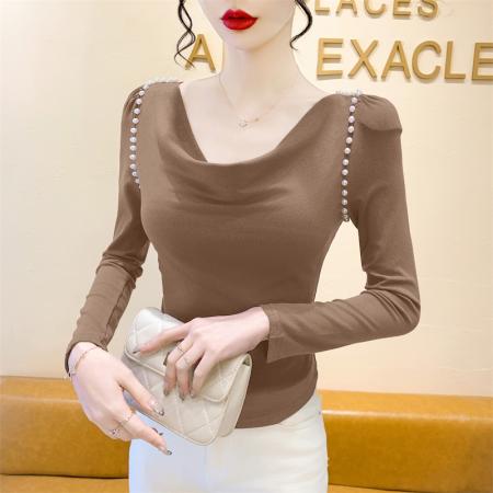 FA38568# 新款秋季高级感小众荡领订珠修身打底衫显瘦T恤上衣女 服裝批發女裝批發服飾貨源